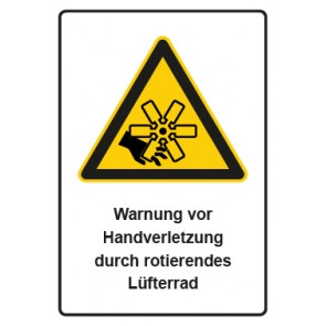 Aufkleber Warnzeichen Piktogramm & Text deutsch · Warnung vor Handverletzung durch rotierendes Lüfterrad (Warnaufkleber)