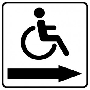 WC Toiletten Schild | behindertengerecht · Rollstuhl Pfeil rechts | viereckig · weiß · selbstklebend