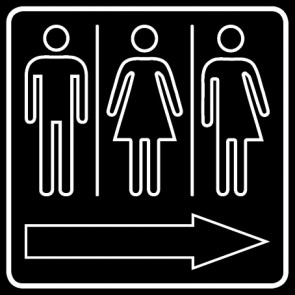 WC Toiletten Schild | Herren · Damen · Transgender outline Pfeil rechts | viereckig · schwarz · selbstklebend