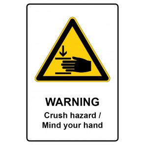 Schild Warnzeichen Piktogramm & Text englisch · Warning · Crush hazard / Mind your hand (Warnschild)