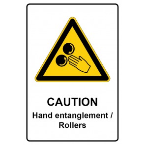 Schild Warnzeichen Piktogramm & Text englisch · Caution · Hand entanglement / Rollers | selbstklebend