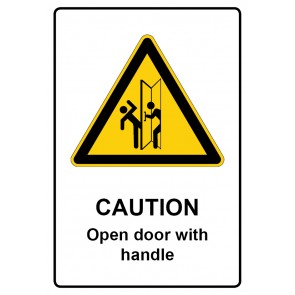 Schild Warnzeichen Piktogramm & Text englisch · Caution · Open door with handle | selbstklebend