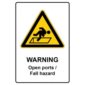 Aufkleber Warnzeichen Piktogramm & Text englisch · Warning · Open ports · Fall hazard
