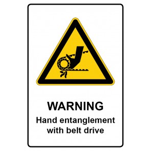 Schild Warnzeichen Piktogramm & Text englisch · Warning · Hand entanglement with belt drive
