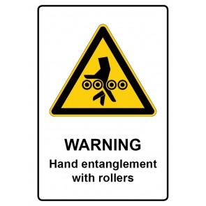 Schild Warnzeichen Piktogramm & Text englisch · Warning · Hand entanglement with rollers | selbstklebend
