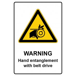 Schild Warnzeichen Piktogramm & Text englisch · Warning · Hand entanglement with belt drive