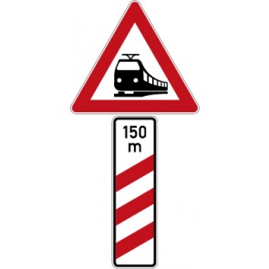 Aufkleber Gefahrzeichen  Bahnübergang mit Dreistreifiger Bake, mit Entfernungsangabe · Aufstellung rechts · Zeichen 156-11 