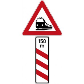 Verkehrzeichen Gefahrzeichen Bahnübergang mit Dreistreifiger Bake, mit Entfernungsangabe · Aufstellung links · Zeichen 156-21  · MAGNETSCHILD