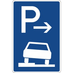 Schild Richtzeichen Parken auf Gehwegen halb in Fahrtrichtung links, Anfang · Zeichen 315-51 