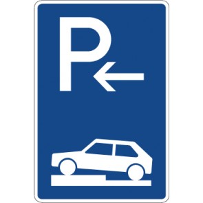 Schild Richtzeichen Parken halb auf Gehwegen quer zur Fahrtrichtung links (Anfang) · Zeichen 315-71 