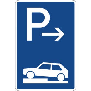 Schild Richtzeichen Parken halb auf Gehwegen quer zur Fahrtrichtung links (Ende) · Zeichen 315-72 