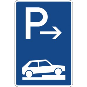Schild Richtzeichen Parken halb auf Gehwegen quer zur Fahrtrichtung rechts (Ende) · Zeichen 315-77 