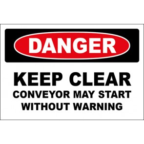 Hinweisschild Keep Clear Conveyor May Start Without Warning · Danger | selbstklebend