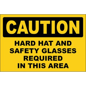 Hinweisschild Hard Hat And Safety Glasses Required In This Area · Caution