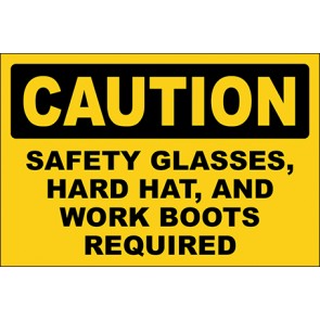 Hinweisschild Safety Glasses, Hard Hat, And Work Boots Required · Caution · OSHA Arbeitsschutz
