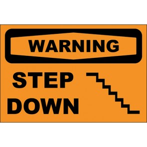 Hinweisschild Step Down · Warning | selbstklebend
