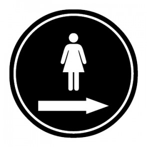 WC Toiletten Schild | Piktogramm Damen Pfeil rechts | rund · schwarz · selbstklebend