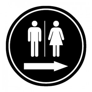 WC Toiletten Schild | Piktogramm Herren · Damen Pfeil rechts | rund · schwarz · selbstklebend