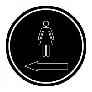 WC Toiletten Schild | Damen outline Pfeil links | rund · schwarz · selbstklebend
