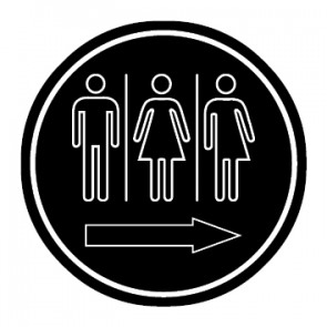 WC Toiletten Schild | Herren · Damen · Transgender outline Pfeil rechts | rund · schwarz · selbstklebend