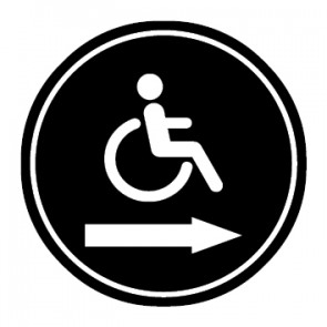 WC Toiletten Schild | behindertengerecht · Rollstuhl Pfeil rechts | rund · schwarz · selbstklebend