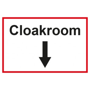 Garderobenschild Cloackroom Pfeil unten · weiß - rot · selbstklebend