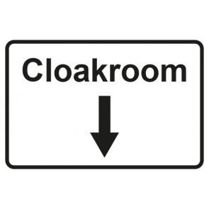 Garderobenschild Cloakroom Pfeil unten · weiss - schwarz · selbstklebend