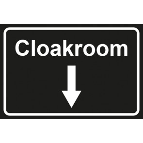 Garderobenschild Cloakroom Pfeil unten · schwarz - weiß · selbstklebend
