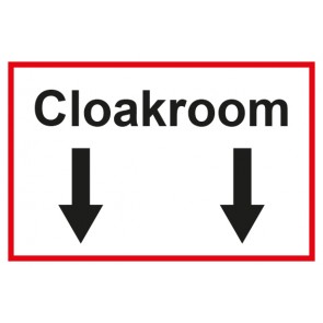 Garderobenschild Cloackroom 2 Pfeile unten · weiß - rot · selbstklebend