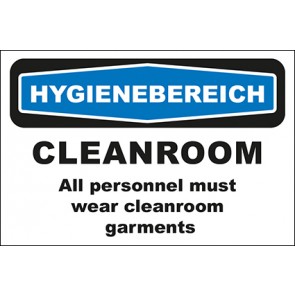 Hinweisschild Hygienebereich Cleanroom All personnel must wear cleanroom garments · selbstklebend