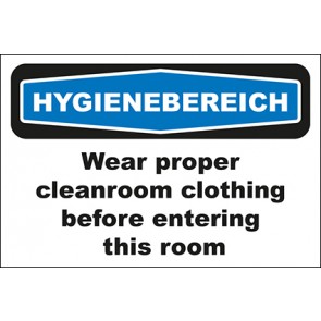 Hinweisschild Hygienebereich Wear proper cleanroom clothing before entering this room · selbstklebend