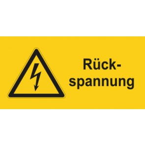 Warnschild Elektrotechnik Rückspannung · mit Warnzeichen selbstklebend