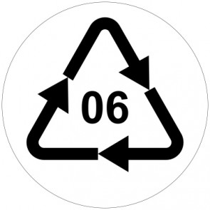 Aufkleber Recycling Code 06 · PS · Polystyrol | rund · weiß | stark haftend