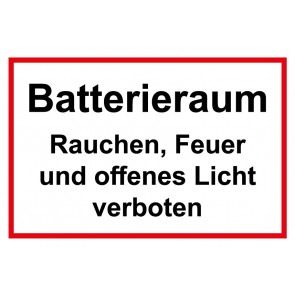 Schild Batterieraum · Rauchen, Feuer und offenes Licht verboten! rot · weiß 