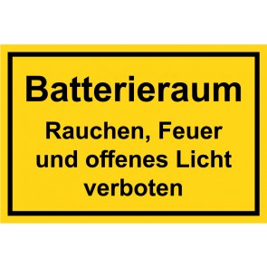 Magnetschild Batterieraum · Rauchen, Feuer und offenes Licht verboten! schwarz · gelb 