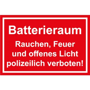 Aufkleber Batterieraum · Rauchen, Feuer und offenes Licht polizeilich verboten! weiss · rot | stark haftend