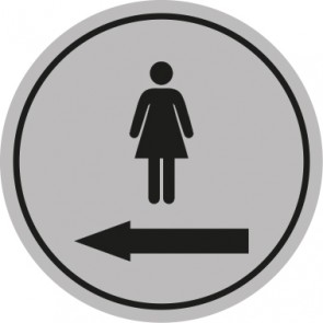 WC Toiletten Schild | Piktogramm Damen Pfeil links | rund · grau · selbstklebend