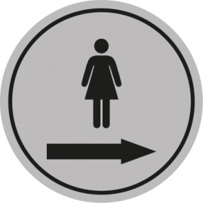 WC Toiletten Schild | Piktogramm Damen Pfeil rechts | rund · grau · selbstklebend