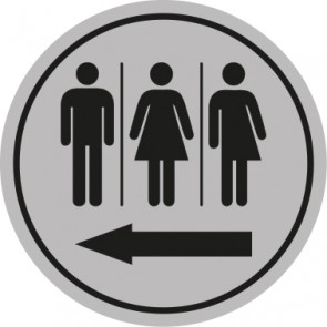 WC Toiletten Schild | Piktogramm Herren · Damen · Transgender Pfeil links | rund · grau