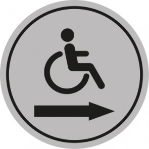 WC Toiletten Schild | behindertengerecht · Rollstuhl Pfeil rechts | rund · grau · selbstklebend