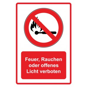 Schild Verbotszeichen Piktogramm & Text deutsch · Feuer Rauchen und offenes Licht verboten · rot | selbstklebend (Verbotsschild)