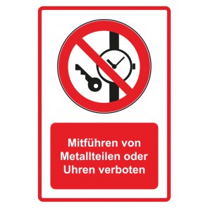 Schild Verbotszeichen Piktogramm & Text deutsch · Mitführen von Metallteilen oder Uhren verboten · rot | selbstklebend (Verbotsschild)