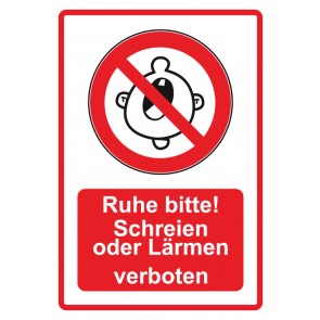 Schild Verbotszeichen Piktogramm & Text deutsch · Ruhe bitte! Schreien oder Lärmen verboten · rot | selbstklebend (Verbotsschild)