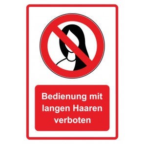 Schild Verbotszeichen Piktogramm & Text deutsch · Bedienung mit langen Haaren verboten · rot (Verbotsschild)