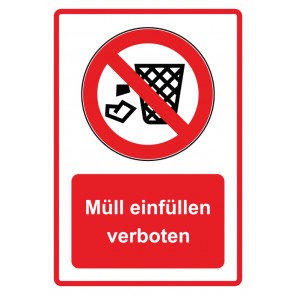 Schild Verbotszeichen Piktogramm & Text deutsch · Müll einfüllen verboten · rot | selbstklebend (Verbotsschild)