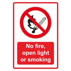Magnetschild Verbotszeichen Piktogramm & Text englisch · No fire, open light or smoking · rot (Verbotsschild magnetisch · Magnetfolie)