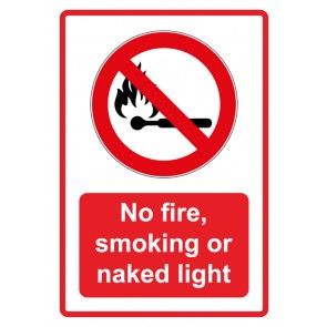 Aufkleber Verbotszeichen Piktogramm & Text englisch · No fire, smoking or naked light · rot (Verbotsaufkleber)