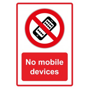 Schild Verbotszeichen Piktogramm & Text englisch · No mobile devices · rot | selbstklebend