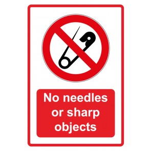 Schild Verbotszeichen Piktogramm & Text englisch · No needles or sharp objects · rot | selbstklebend (Verbotsschild)