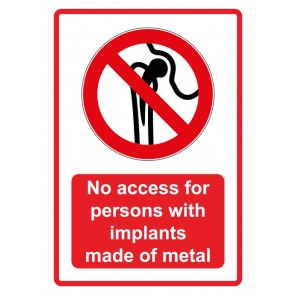 Schild Verbotszeichen Piktogramm & Text englisch · No access for persons with implants made of metal · rot | selbstklebend